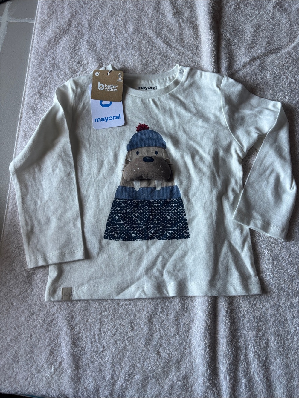 Mayoral Cream Long-Sleeve Top with Walrus in Blue Hat